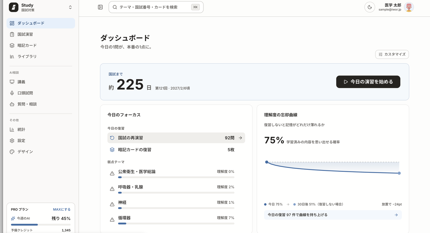 ダッシュボード画面。「今日の演習を始める」ボタンから最初の演習に進める。
